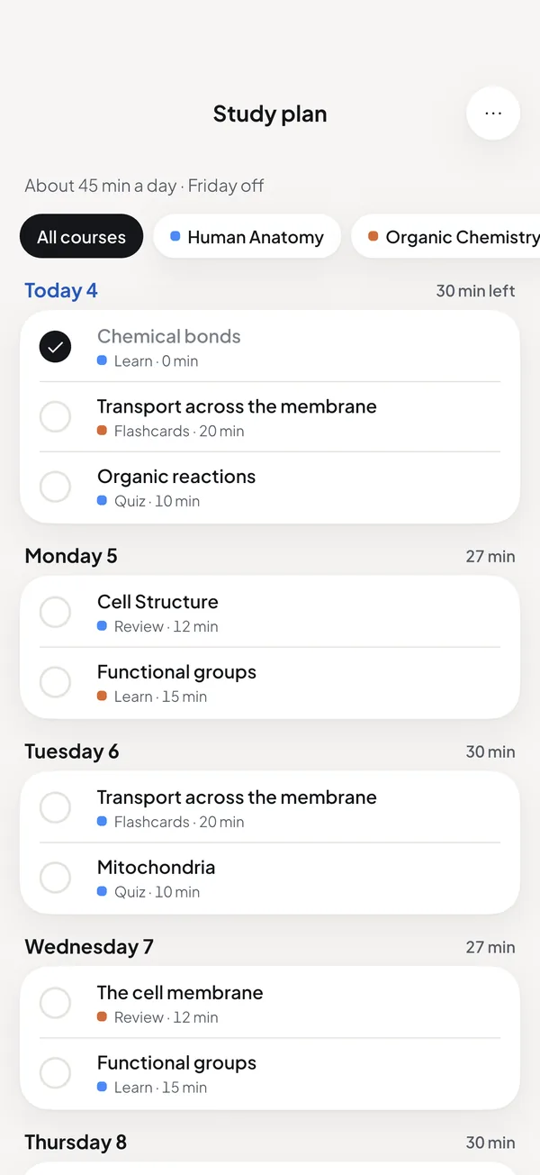 The Kwezr study plan: tasks grouped by day, with the minutes each day takes