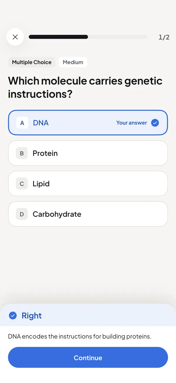 A multiple-choice question in Kwezr with the right answer confirmed