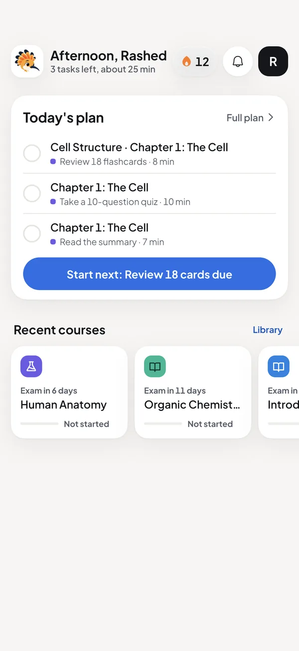 The Today screen in Kwezr: three study tasks and a button to start the next one
